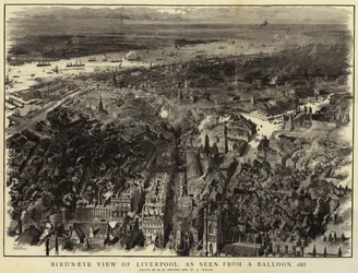 Vogelvlucht van Liverpool, gezien vanuit een ballon, 1885